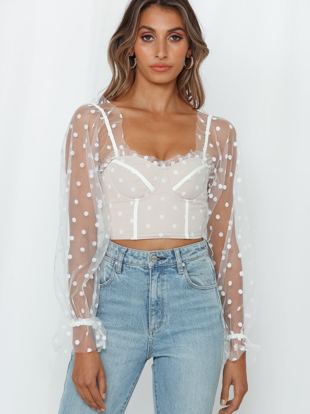 Hello Molly White Sheer Polka Dot Ruffle Crop Top